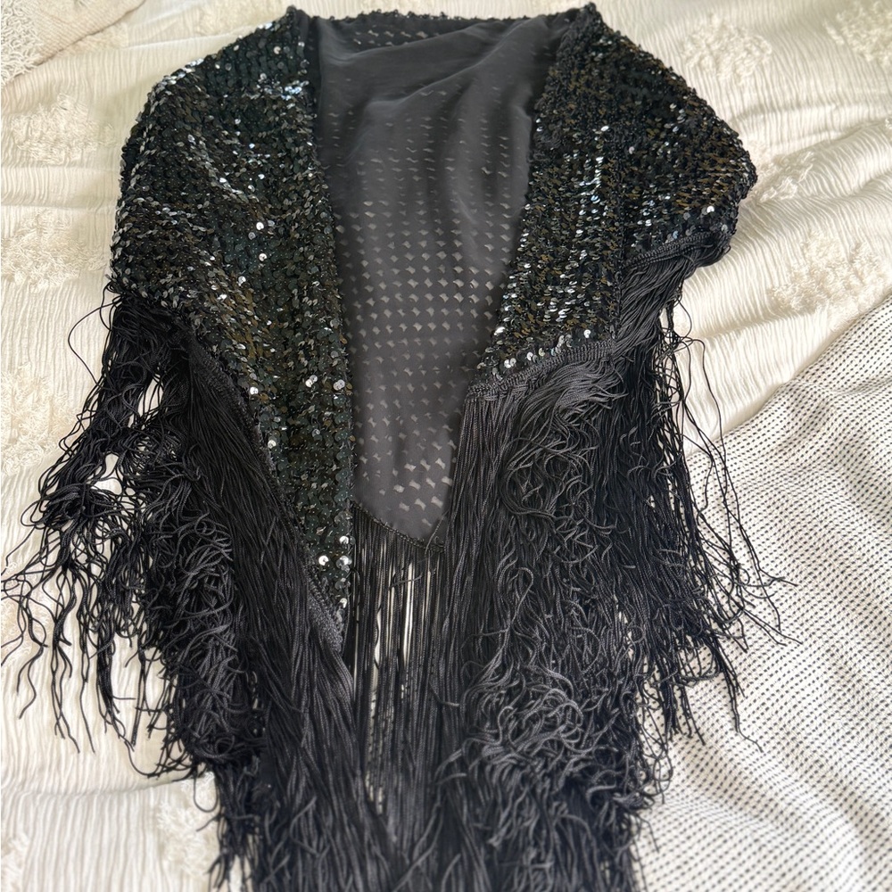 Black Sequin Fringe Shawl